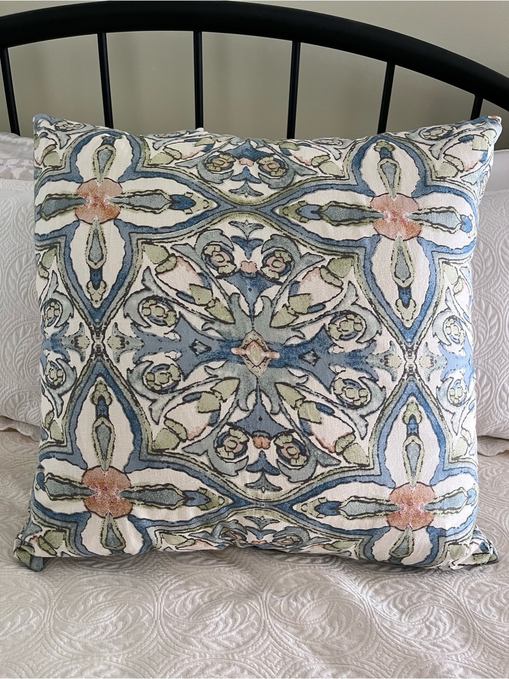 NWOT Pottery Barn Pillow Cover 24” Cotton Linen Coastal Boho Blue Green Batik